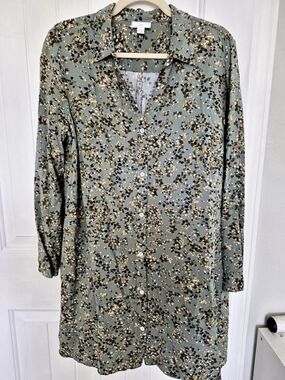 J. Jill Shirt Dress Women Size M Green Floral Rayon Button Down Long Tunic